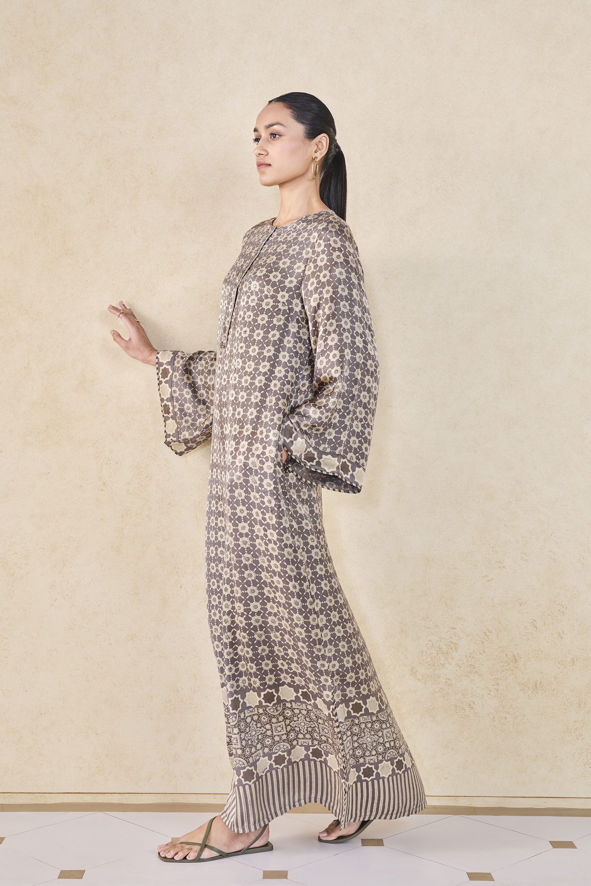 Sargassum Handcrafted Ajrakh Silk Kaftan - Grey